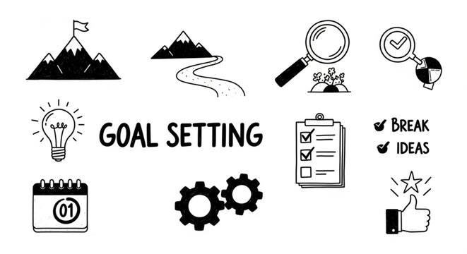 Doodle style illustration representing goal setting with mountains, lightbulb, and calendar icons displayed created with generated ai