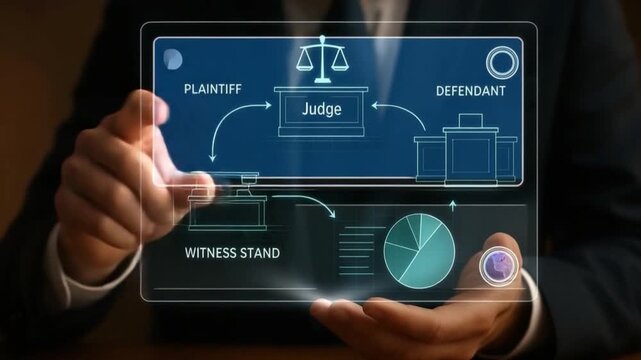 Futuristic legal technology digital courtroom interface displaying judge, plaintiff, defendant, and witness roles with data visualization on transparent screen for innovative court process - Powered by Adobe