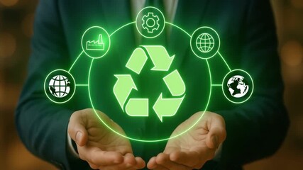 Recycling symbol with green glowing representing sustainability environment eco friendly circular economy hands holding digital interface technology innovation driving global impact nature - Powered by Adobe