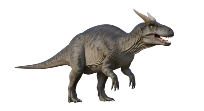 Majestic horned carcharodontosaurid dinosaur standing on a plain