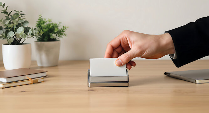 A hand in a suit jacket places a blank white business card into a card holder on a wooden desk, with a potted plant in the background