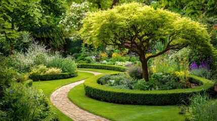 Fototapeta premium Lush formal garden features a winding stone pathway bordered by meticulously trimmed hedges and vibrant foliage