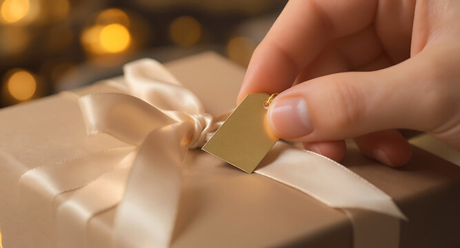 Close-up of a hand attaching a blank gift tag to a beautifully wrapped present with a satin ribbon, perfect for holiday or special occasion messages