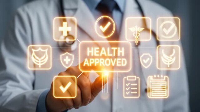 Health approved medical concept featuring glowing interface with check mark symbols, healthcare technology innovation, doctor white coat ensuring trust and safety medical quality assurance