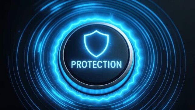 Protection button with glowing blue shield icon and circular light effect symbolizing advanced digital security technology, cyber safety, network defense, and futuristic protection shield design