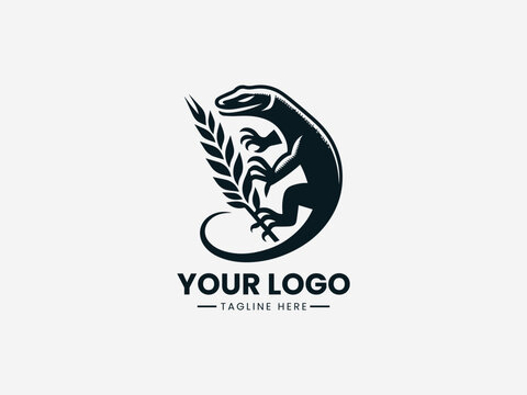 lizard or komodo biting a wheat stalk in bold black vector logo illustration
