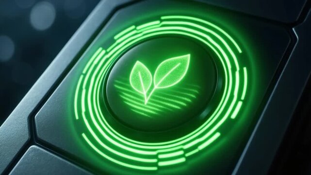 Green technology button with glowing leaf icon futuristic eco friendly digital interface circular light pattern environmental concept sustainable energy innovation modern design technology