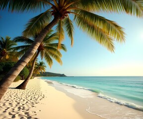A quiet tropical beach with palm trees and clear water