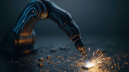 Robotic arm welding circuit board with sparks flying showcasing futuristic technology and automation delivering precision in electronics manufacturing and advanced manufacturing processes - Powered by Adobe
