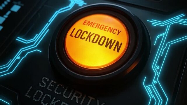 Emergency lockdown button glowing orange on futuristic security control panel with blue circuit lines technology alert urgent safety warning system protection control panel circuit design