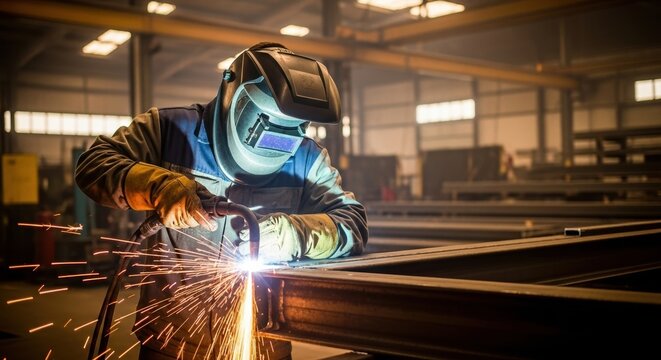 Soldador con casco protector cortando acero con chispas en taller industrial