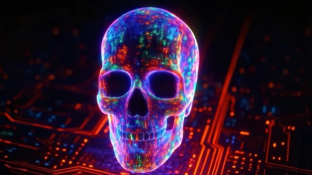 Colorful digital skull neon glowing with futuristic technology circuit board abstract cyber design vibrant holographic effect dark background electronic pattern sci fi concept glowing anatomy and 3D