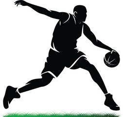 Silhouette of basketball player dribbling ball in dynamic pose