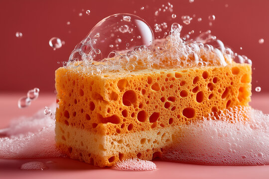 Porous yellow sponge with rich lather of soap foam and bubbles splashing around, on pink background.