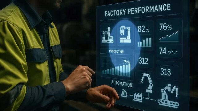 Factory performance digital interface displaying industrial automation production statistics and efficiency technology with interactive data analysis highlighting manufacturing productivity - Powered by Adobe