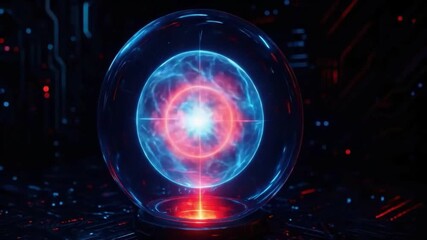 Futuristic glowing orb with vibrant blue and red light inside transparent sphere featuring neon digital technology and glowing energy in dark high tech environment with futuristic light patterns - Powered by Adobe