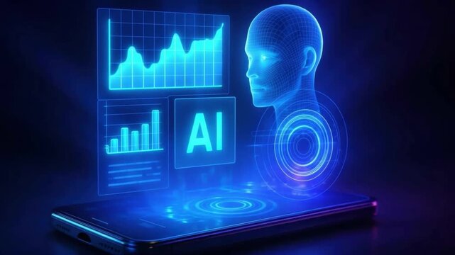 Artificial intelligence concept featuring digital human head with glowing data chart hologram above smartphone screen showcasing futuristic technology innovation in virtual environment