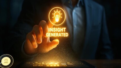 Insight generated concept featuring glowing light bulb icon with human finger and businessman hand interacting on digital interface, showcasing futuristic technology innovation and idea development - Powered by Adobe