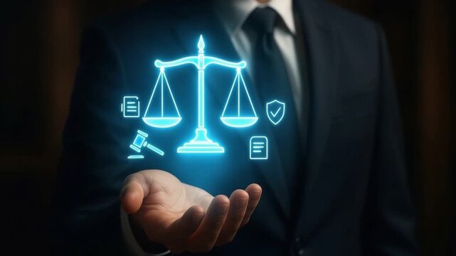 Legal scale symbol law justice balance businessman hand holding digital law with gavel document protection shield representing legal protection and justice fairness in professional suit