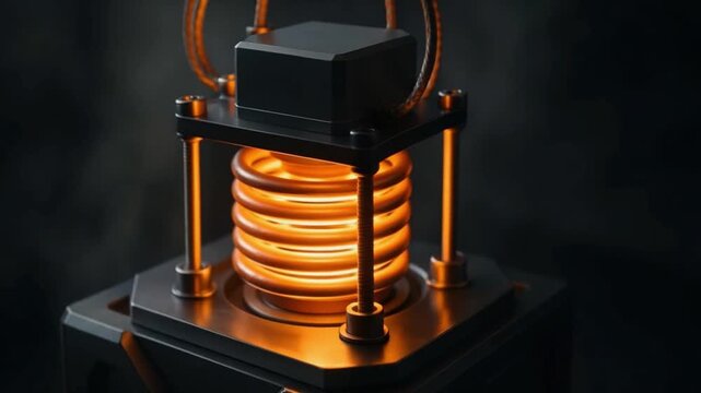 Glowing copper coil heating element with wire and bolts inside industrial black metal frame showcasing advanced technology and warm orange light in dark background setting