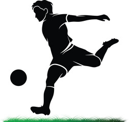 Soccer player kicking ball silhouette on green grass vector
