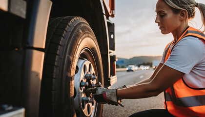 Woman tightening lug nuts on truck wheel in a roadside emergency, focused repair