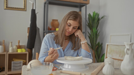 Woman sculpts a clay dish on a rotating wheel in her indoor pottery studio while using a carving tool and shaping edges; concentration.