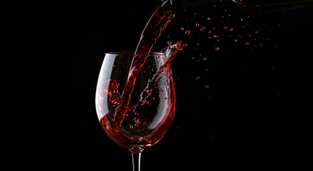 Dynamic red wine splash captures elegant moment as liquid pours into crystal glass against a dramatic black background