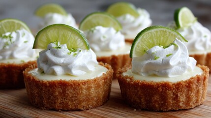 Key lime mini tarts with whipped cream and lime slices on wooden board