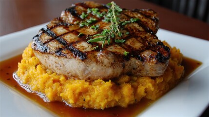 Grilled pork chop on mashed sweet potatoes with fresh herbs garnish