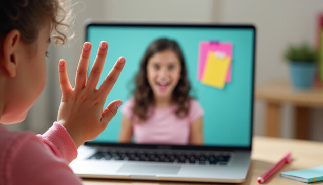 Young girl video call with laptop showing another child waving cheerfully. Video call from home with laptop screen displaying a smiling girl engaged in a video call.