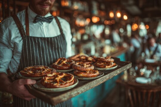 Male server holding tray of fresh pretzels in rustic bar setting
