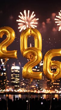 Golden balloons celebrating the advent of the year 2026 with fireworks and