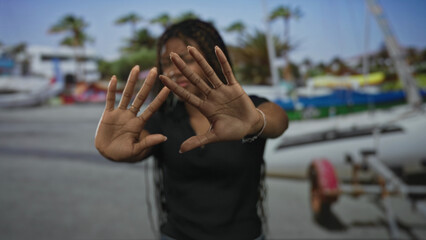 Woman covering face with hands and hands raised to block on a street near marina and boats; embarrassment avoidance.