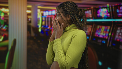 Woman with hands to mouth smiling, braided hair visible, standing beside colorful slot machines in building; winning excitement.
