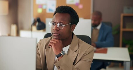 Thinking, creative and business man on computer for publishing, online article and research. Coworking, magazine agency and person on pc for proofreading report, copywriting ideas and editing review