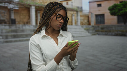 African american woman holding smartphone with hands by old building steps, looking at screen in a town square; concentration productivity.