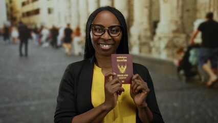 Woman holding thailand passport outdoors while smiling on a busy street, conveying travel and identity themes in a public setting, wearing glasses and a yellow shirt.