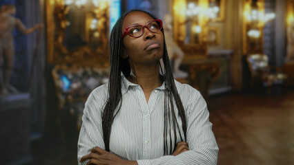 Woman with glasses in a museum poses with a contemplative expression in a gallery adorned with art...