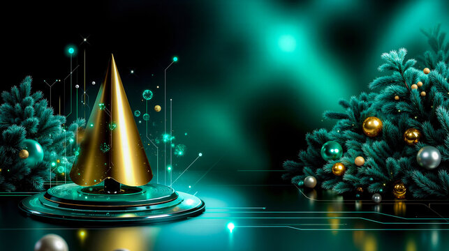 A christmas tree with a gold cone on top of it