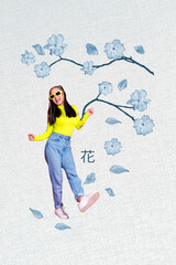 Fototapeta premium 3d sketch image vertical collage of happy korean girl stand sakura tree bloom flower petal vietnamese travel oriental tradition