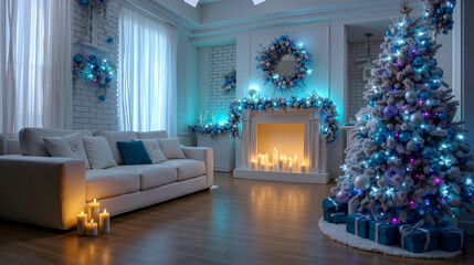 Naklejka premium A living room decorated for Christmas with a white couch and a Christmas tree