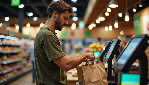 Man paying at self checkout with bag. He is paying at self checkout, scanning items into his bag, and reviewing screen. Scene self checkout illustrates modern lifestyle, technology in retail,