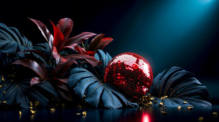 A red disco ball surrounded by tropical leaves on a black surface