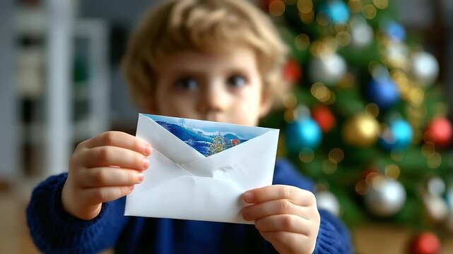 Close-up of small fingers holding envelope with defocused child and sharp festive letter content visible, with copy space