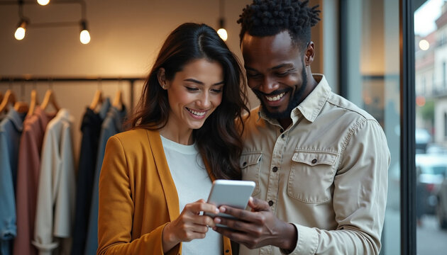 Diverse couple using mobile phone at clothing store, smiling while viewing retail deals, and loving mobile phone promotions.