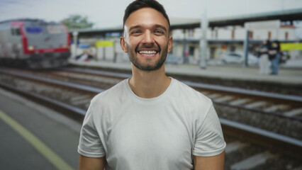 Young man smiling at train station with blurred train in background captures vibrant travel scene.