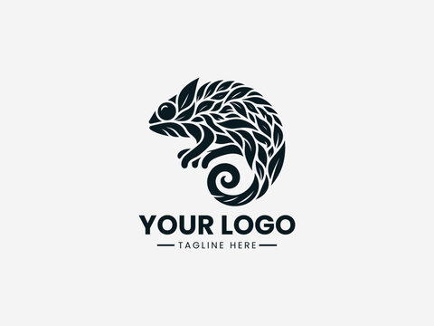 Stylized chameleon blending into abstract shapes representing camouflage in clean black vector illustration