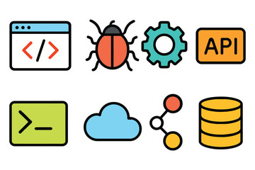 Collection of colorful icons representing software development debugging and cloud computing concepts