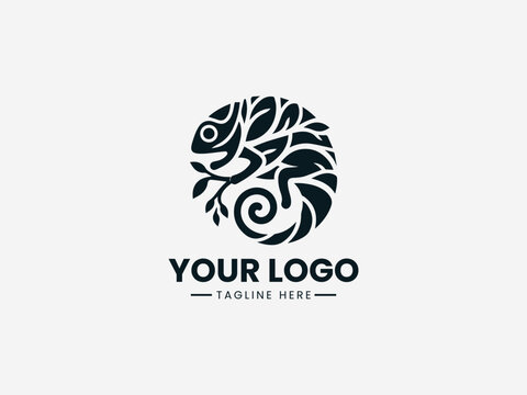 Stylized chameleon blending into abstract shapes representing camouflage in clean black vector illustration